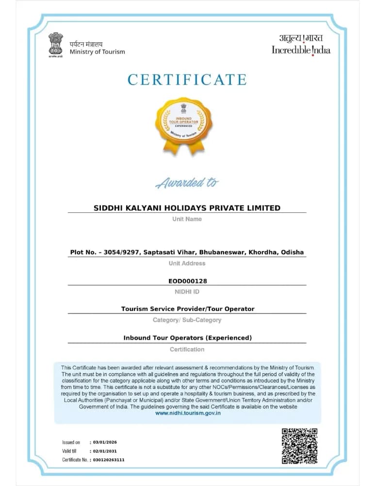 Experienced Tour Operator Certificate by Minister of Tourism Govt of India