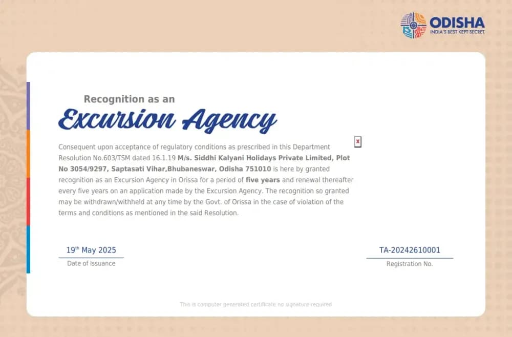 Experience Tour Operator Certificate by Minister of Tourism Govt of Odisha